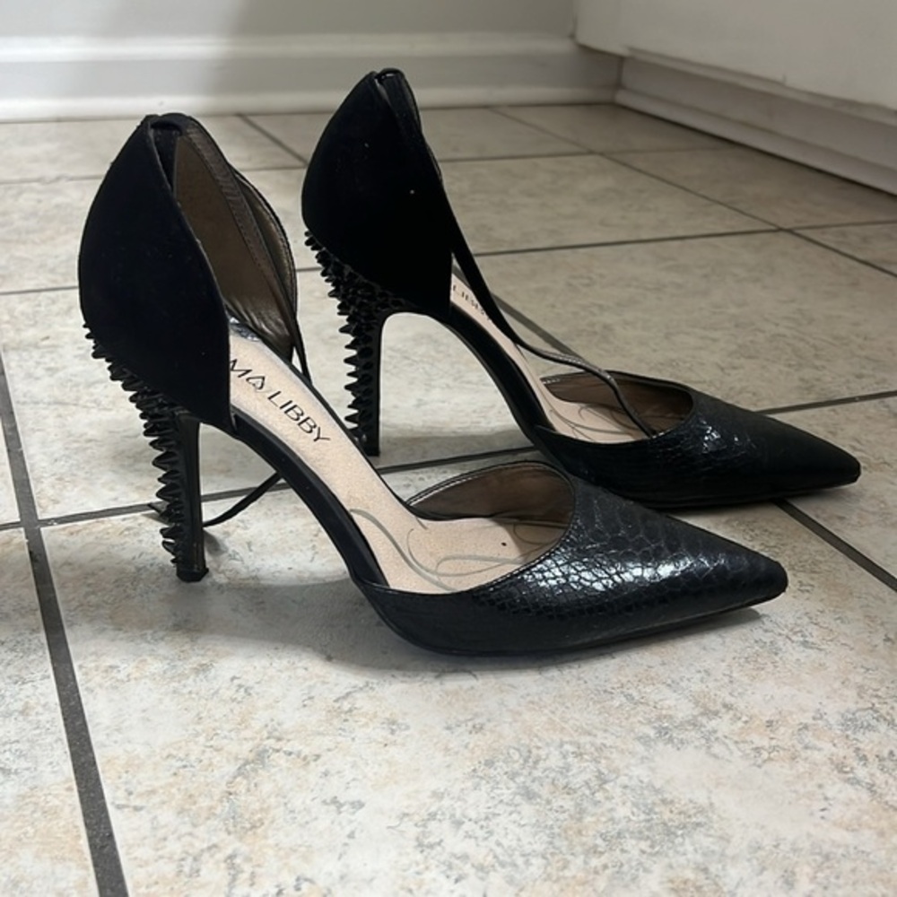 Sam & Libby Dahlia Black Snake Print, Spike Heel d’orsay Pumps,